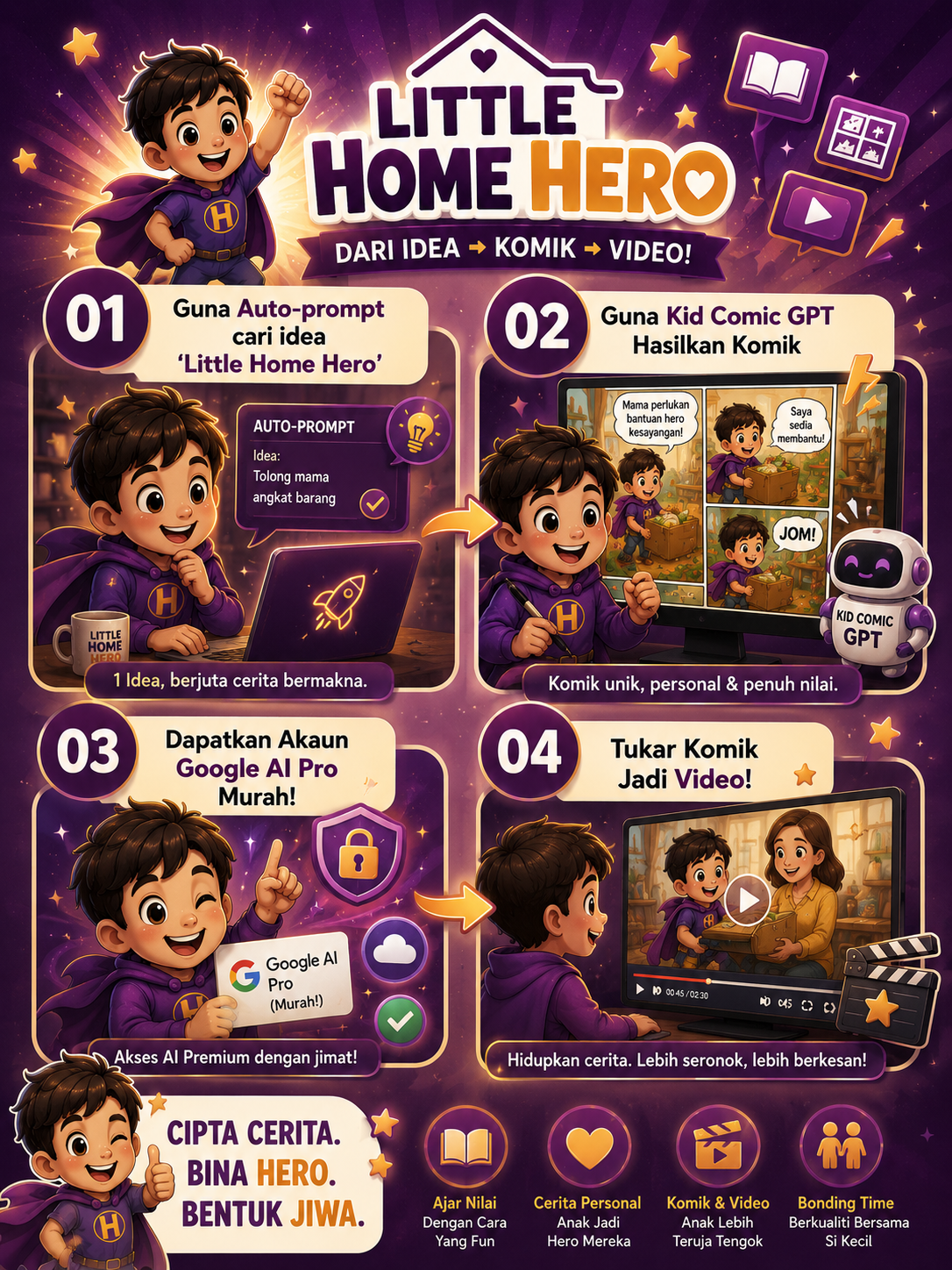 Workflow Little Home Hero: Pilih Nilai, Create Story, Build Hero dan Comic, Turn Into Video